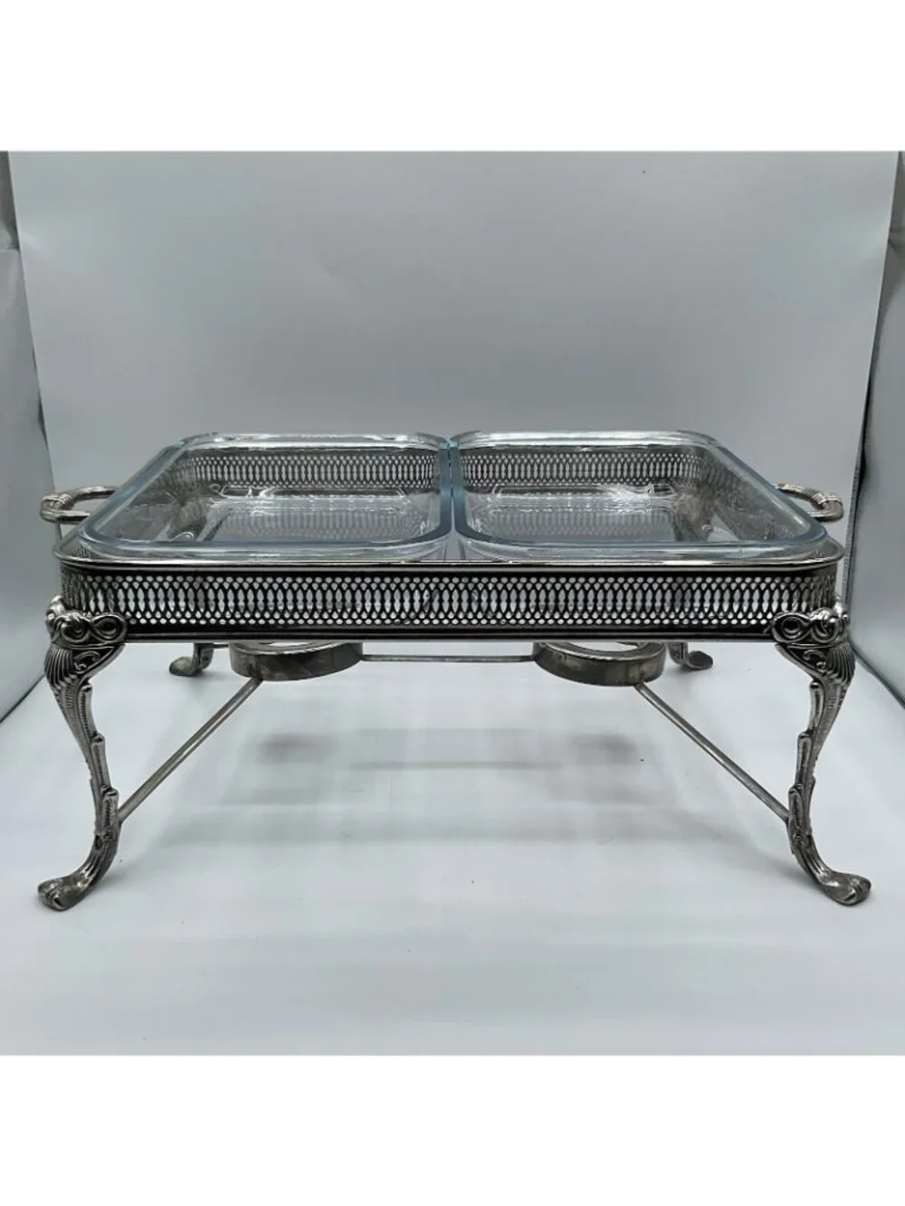 Vintage Silverplate Double Chafing Dish Buffet Server Glass Inserts Ornate Warm